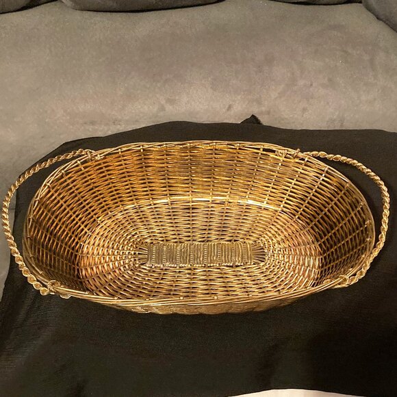 VTG Hand Crafted Oval Gold Wire Woven Serving Basket w/Twisted Handles-10